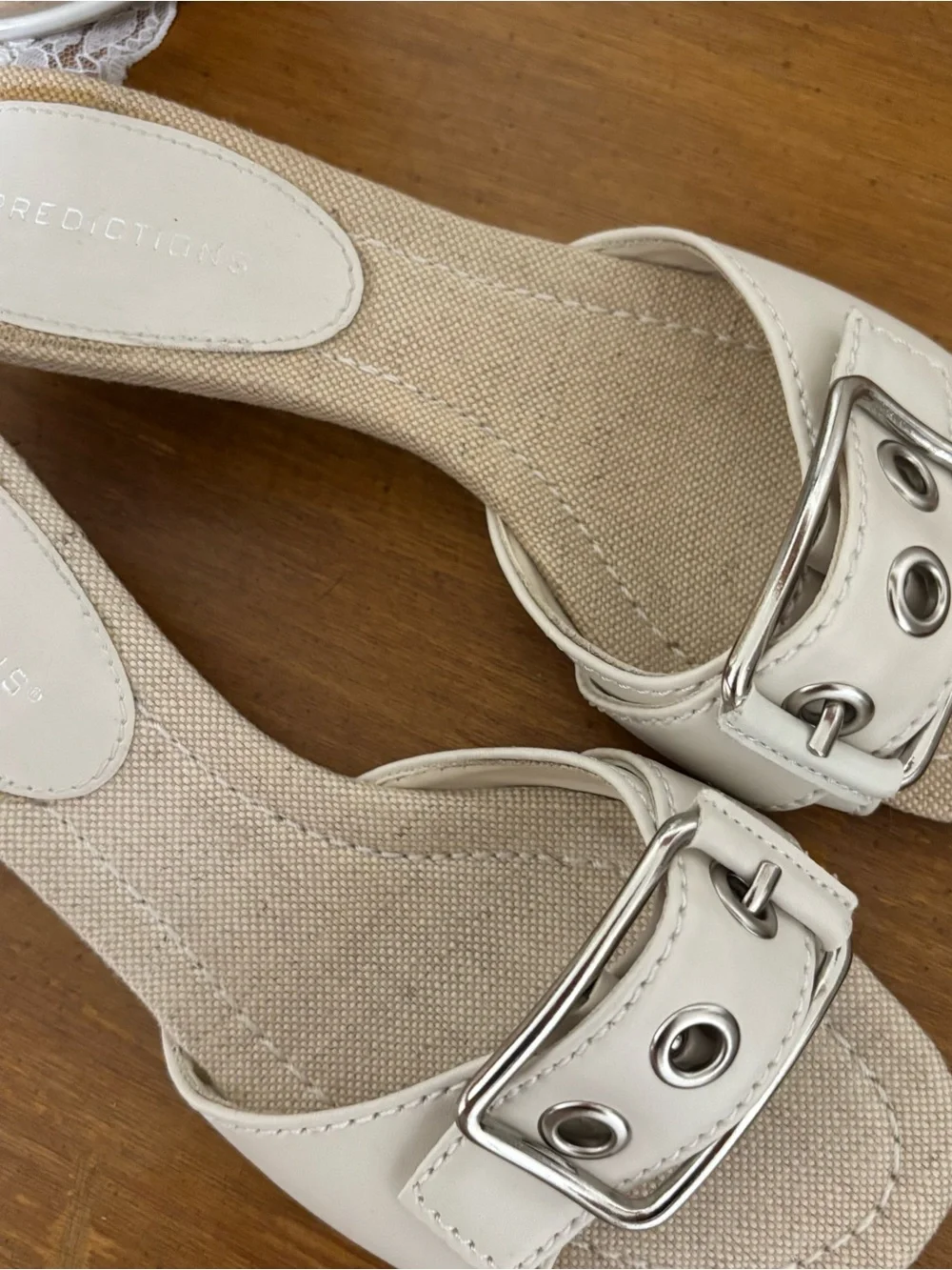 Predictions Cream Slide Heels with Silver Buckle